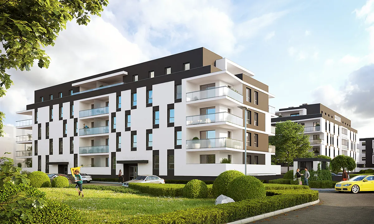 Three-storey brick multi-family apartment building with balconies and mature landscaping along the street frontage